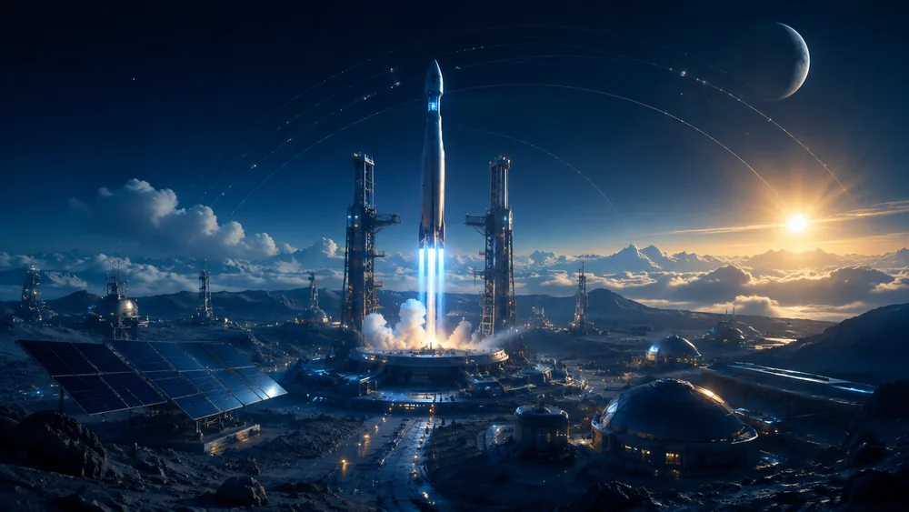 Illustrated spacecraft and mission scene