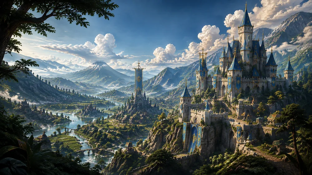 Illustrated fantasy kingdom landscape